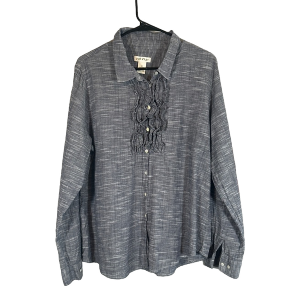 Orvis Blue Long Sleeve Button Down Ruffle Detail Cotton Shirt Women Sz 18